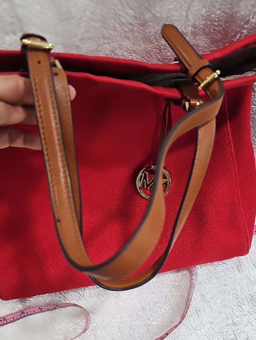 Michael Kors Red Canvas Tote with Brown Leather Handles and Gold MK Charm - Picture 15 of 17